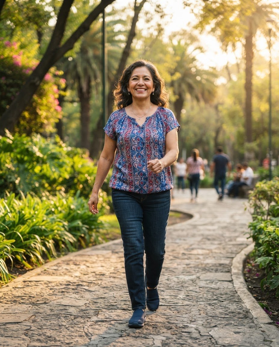 Paciente activa y sin dolor caminando tras su prótesis de rodilla