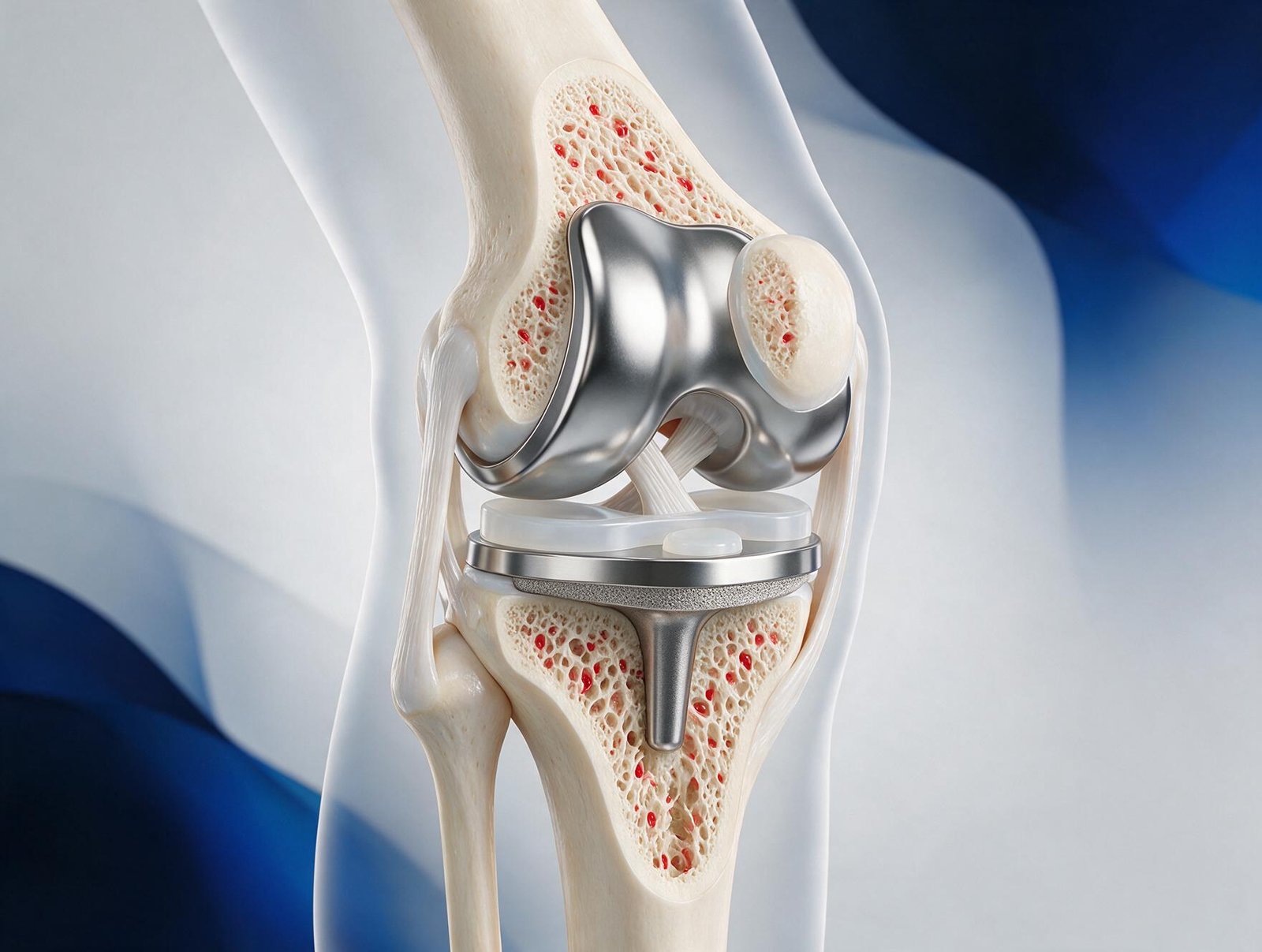 Ilustración de una prótesis de rodilla colocada en la articulación